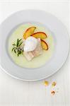 Steamed fish flipped on a kohlrabi carpaccio with lemon foam and roasted apple wedges