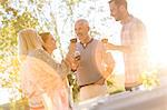 Senior couple and adult children drinking wine on sunny patio