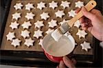 Close-up of a woman icing star shape cinnamon with basting brush, Munich, Bavaria, Germany