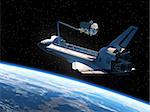Space Shuttle Deploying Satellite. Realistic 3D Scene.