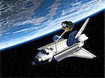 Space Shuttle Deploying Satellite In Space. 3D Scene.