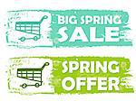 big spring sale and offer with shopping cart signs banners - text and symbols in green drawn labels, business shopping seasonal concept