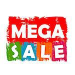 mega sale drawn label - text in red, green, blue, orange and purple banner, business shopping concept