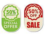 50 percent off discount, sale and special offer text banners, two elliptic flat design labels, business shopping concept