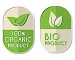 100 percent organic and bio product with leaf signs banners, two elliptic flat design labels with text and symbol, business eco concept