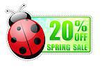 20 percentages off spring sale banner - text in green label with red ladybird and white flowers, business concept