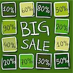 big sale and different percentages - retro style green label with text and squares, business concept