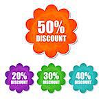 20, 30, 40, 50 percentages spring discount banners - text in four colors flowers labels, business shopping seasonal concept, flat design