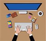 workspace with computer monitor keyboard mouse coffee wallet calculator hand and smartphone vector illustration