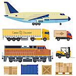 Cargo Transport and Packaging in Flat style icons such as Truck, Plane, Train. Vector for Brochure, Web Site and Printing Advertising on theme delivery of goods.