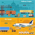 Railway Freight and Air Cargo Banners in Flat style icons such as Truck, Plane, Train. Vector for Brochure, Web Site and Printing Advertising on theme delivery of goods.