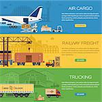 Trucking Industry Banners with Railway Freight and Air Cargo in Flat style icons such as Truck, Plane, Train. Vector for Brochure, Web Site and Printing Advertising on theme delivery of goods.