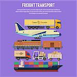 Cargo Transport and Packaging in Flat style icons such as Truck, Plane, Train, Ship. Vector for Brochure, Web Site and Printing Advertising on theme delivery of goods.