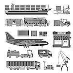 Cargo Transport and Packaging Icon Set such as Truck, Plane, Train, Ship. Vector for Brochure, Web Site and Printing Advertising on theme delivery of goods.