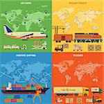 Trucking Industry Banners with Railway Freight, Air Cargo, Maritime Shipping and Trucking in Flat style icons. Vector for Brochure, Web Site and Printing Advertising on theme delivery of goods.