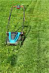 Freshly cut grass strips and blue lawnmower in summertime - copy space