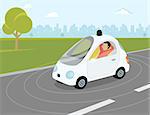 Flat flat modern illustration of self-driving intelligent driverless car goes through the city with happy passenger relaxing into the car