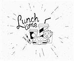 Lunch time vintage label of burger with coffee and french fries in hipster style with sunburst. Hand drawn retro lettering on white background for restaurants and fast food cafe posters and banners