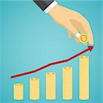 Vector financial growth concept with stacks of golden coins on the green background. Also available as a Vector in Adobe illustrator EPS 8 format.