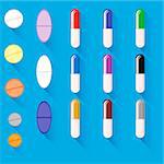 Set of Different Colorful Pills Isolated on Blue Background. Long Shadow. Flat Design.