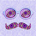 Colorful Glasses and Mustaches with Floral Pattern. Vector Retro Background