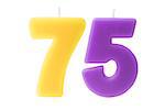 Colorful birthday candles in the form of the number 75 on white background