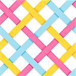 Chic vector seamless pattern. Geometric background with interwoven pastel colored strips. Vector illustration. Blue, pink and yellow crossed tape. Colorful modern seamless background.