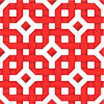 Interwoven red ribbons ornament. Geometric seamless pattern with crossed strips. Vector illustration. Red tape 3d style. Colorful abstract intertwined seamless background.