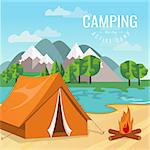 Vector flat illustration camping. Nature background with grass, forest, mountains and hills. Outdoor activities. Tent and fire camp