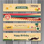Banner happy birthday vector illustration. You can use it for events, invitation, banner, brochure, brochures. Illustration composed of cake, balloons, ribbons, fireworks, heart. Cartoon style