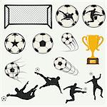 various isolated poses of soccer players in silhouettes . Vector Illustration