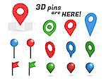 Navigation pins 3d isometric collection. Realistic pins and positioning flags isolated on white background