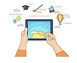 Human hand holds a tablet pc and draws a picture on the screen. Flat line contour illustration of designer working process with symbols such as learning and sharing, inspiration and imagination