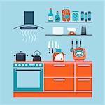 Kitchen interior flat design theme. Vector illustration.