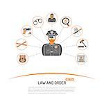 Law and Order Concept with Flat Icons for Flyer, Poster, Web Site like Policeman, Thief, Gun, Handcuffs, Prison.