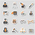 Set Crime and Punishment Icons Sticker Set for Flyer, Poster, Web Site like Thief, Money, Gun, Policeman, judge, handcuffs and prison.
