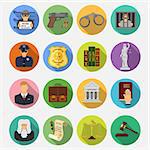 Set Crime and Punishment Flat Icons for Poster, Web Site, Advertising like Thief, Policeman, Lawyer, Judge, Themis and Court House on colored circles with Long Shadows.