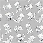 Seamless pattern - funny cartoon kittens. Black and white drawing.  Vector illustration.