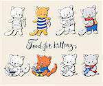 Illustration of funny cartoon kittens with food. Vector set.