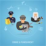 Crime and Punishment Concept in Flat style icons such as Thief, Policeman, Judge. Vector for Brochure, Web Site and Advertising.