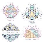 Vector linear abstract emblem set, thin line design logo and signs of leaves, gems and geometric shapes