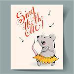 Postcard with a gray mouse and hand lettering "Sing with me!" Vector illustration