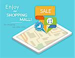 Mobile marketing and personalizing. Tablet pc with map and tags pined in