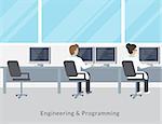 Engineering and programming sitting in the office and working with computers wearing uniform. Flat illustration of working process