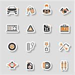 Car Service Icons Sticker Set for Poster, Web Site, Advertising like Laptop, Battery, Jack and Mechanic.