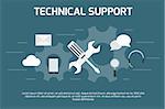 Technical support concept. Screw cross wrench on working wheels background