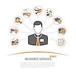 Insurance Services Concept in Flat style icons such as House, Car, Medical, Family and Business. Vector for Poster, Web Site and Advertising.