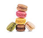 Colorful and tasty French Macarons on white background