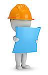 3d small person - builder with the plan in his hands. 3d image. White background.