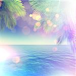 3D render of a tropical landscape with palm trees and ocean with retro effect